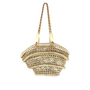 Anthropology Aranaz Woven Raffia Bucket Bag Multicolor Braided Straps Wood Beads